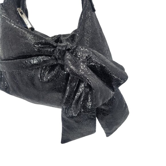 Simply Vera Liquid Black Bow Shoulder Bag Vegan Faux Leather Artsy Biker Goth - Picture 12 of 14